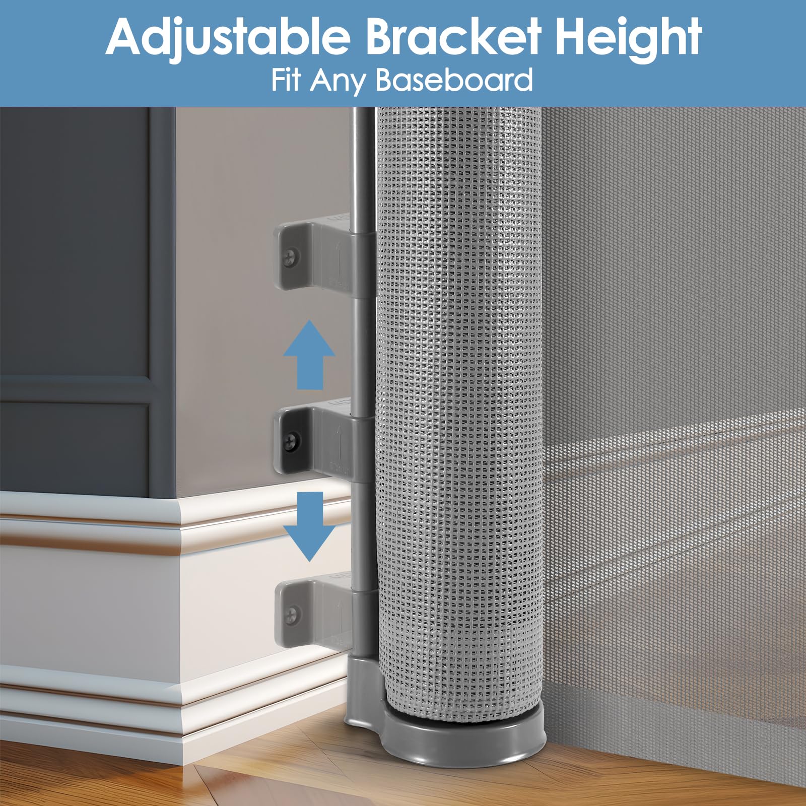 Borthmiu gray mesh gate in home setting for kids and pets safety.