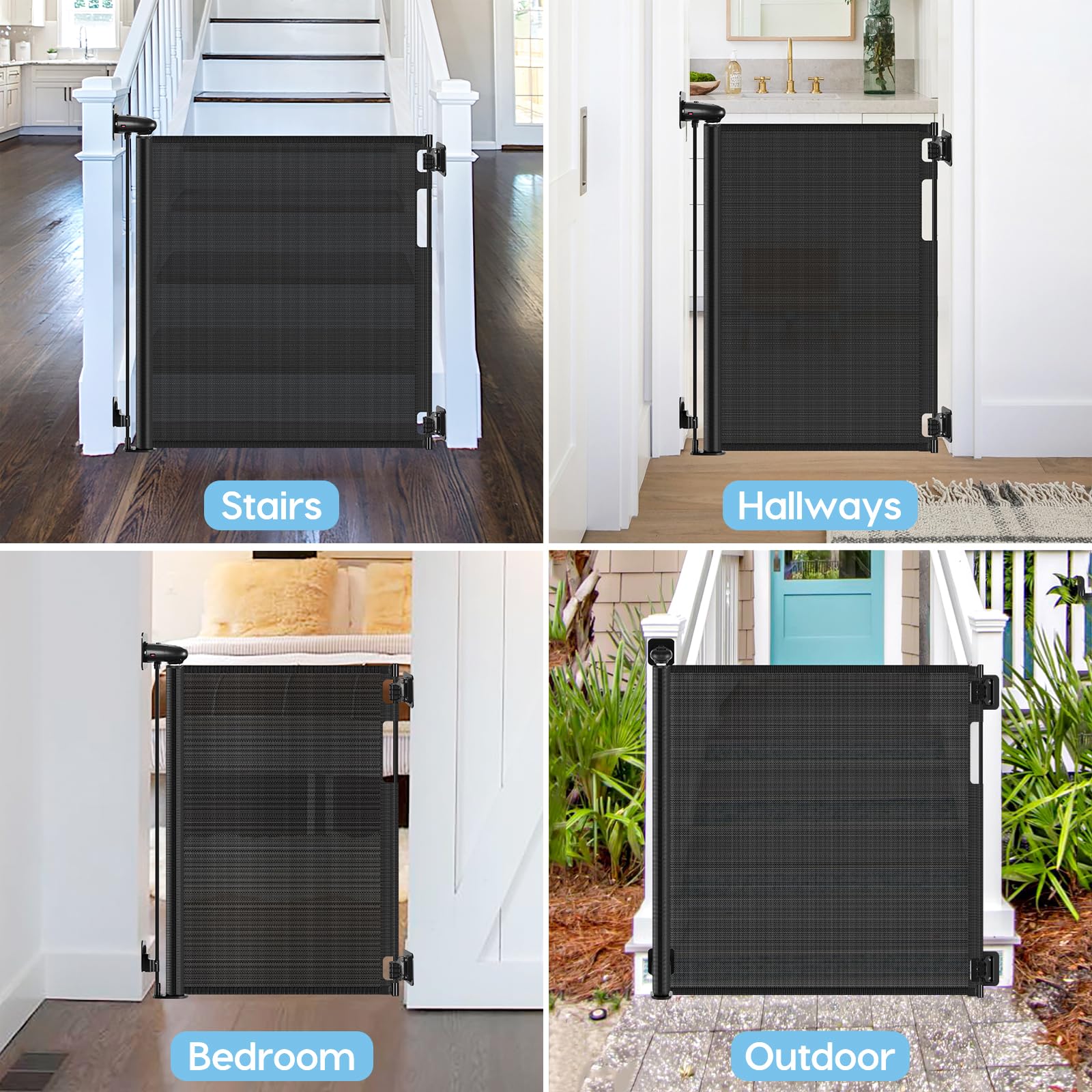 Borthmiu mesh pet gate indoor black suitable for dogs and toddlers.
