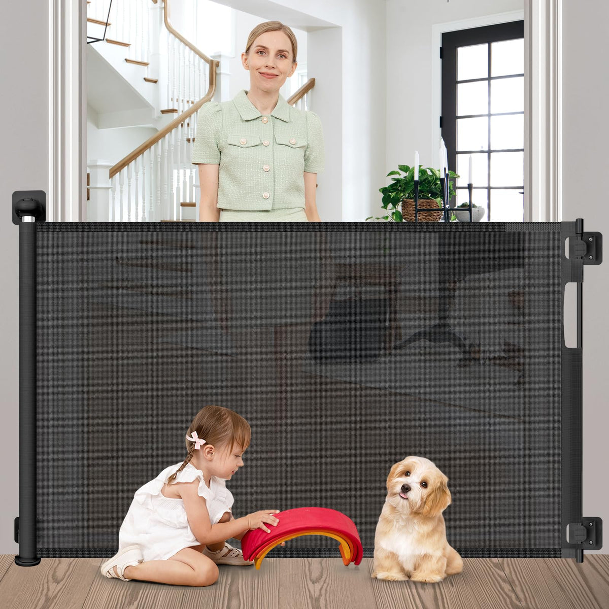 Borthmiu no-drill retractable baby gate setup protects walls during quick installation.