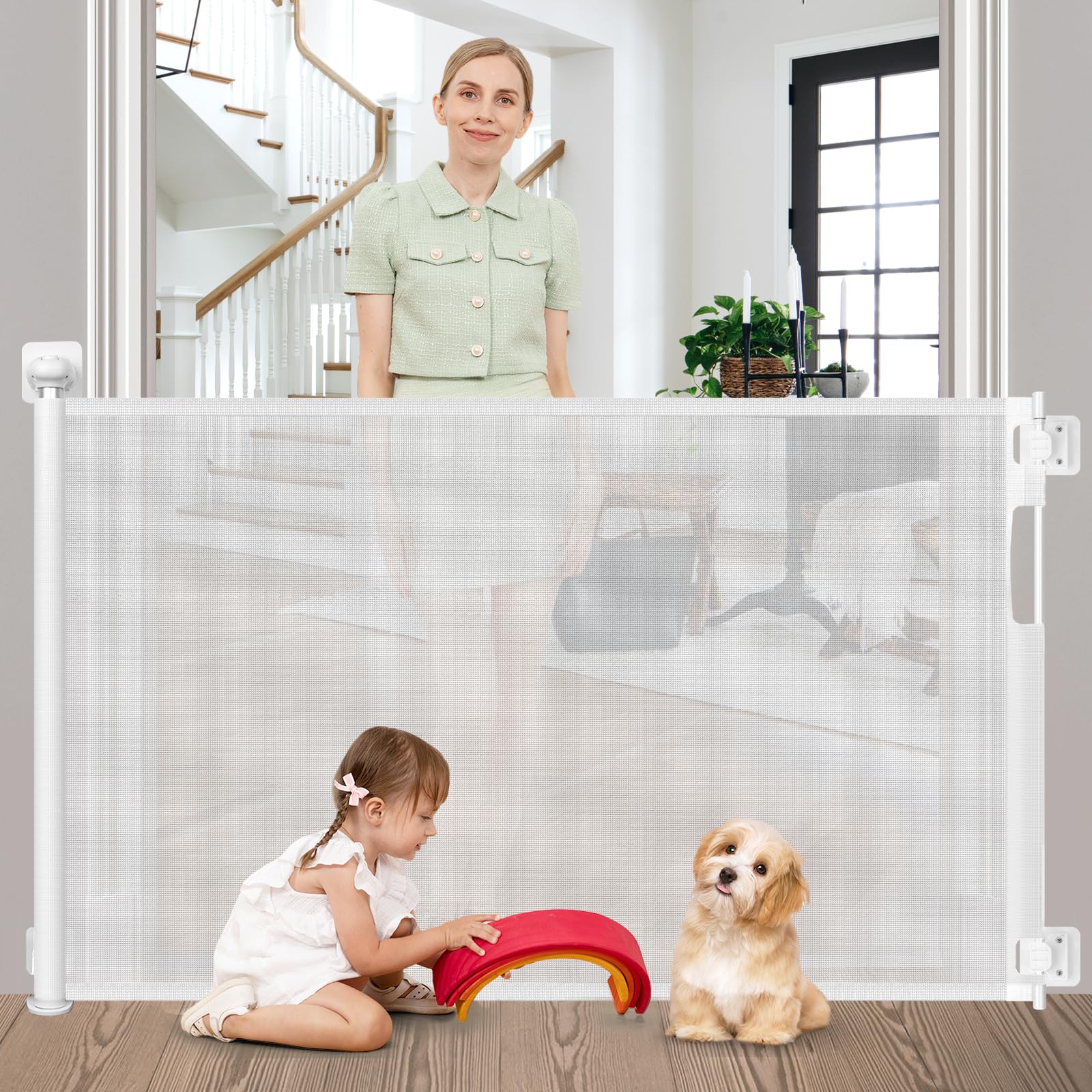 Borthmiu no-drill retractable gate extended to 59 inches for stair safety