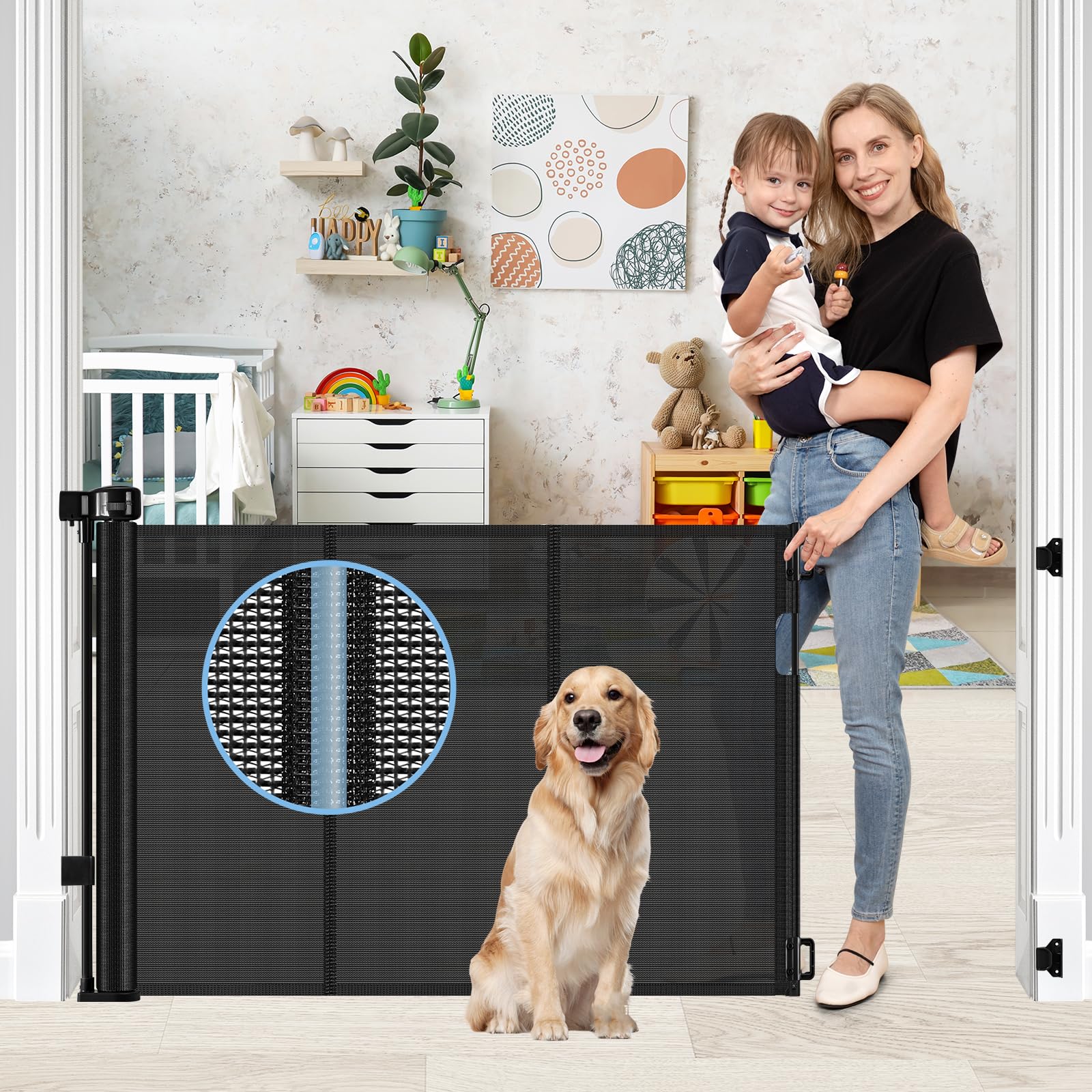 Borthmiu reinforced retractable baby gate extended to 55 inches for wide doorways