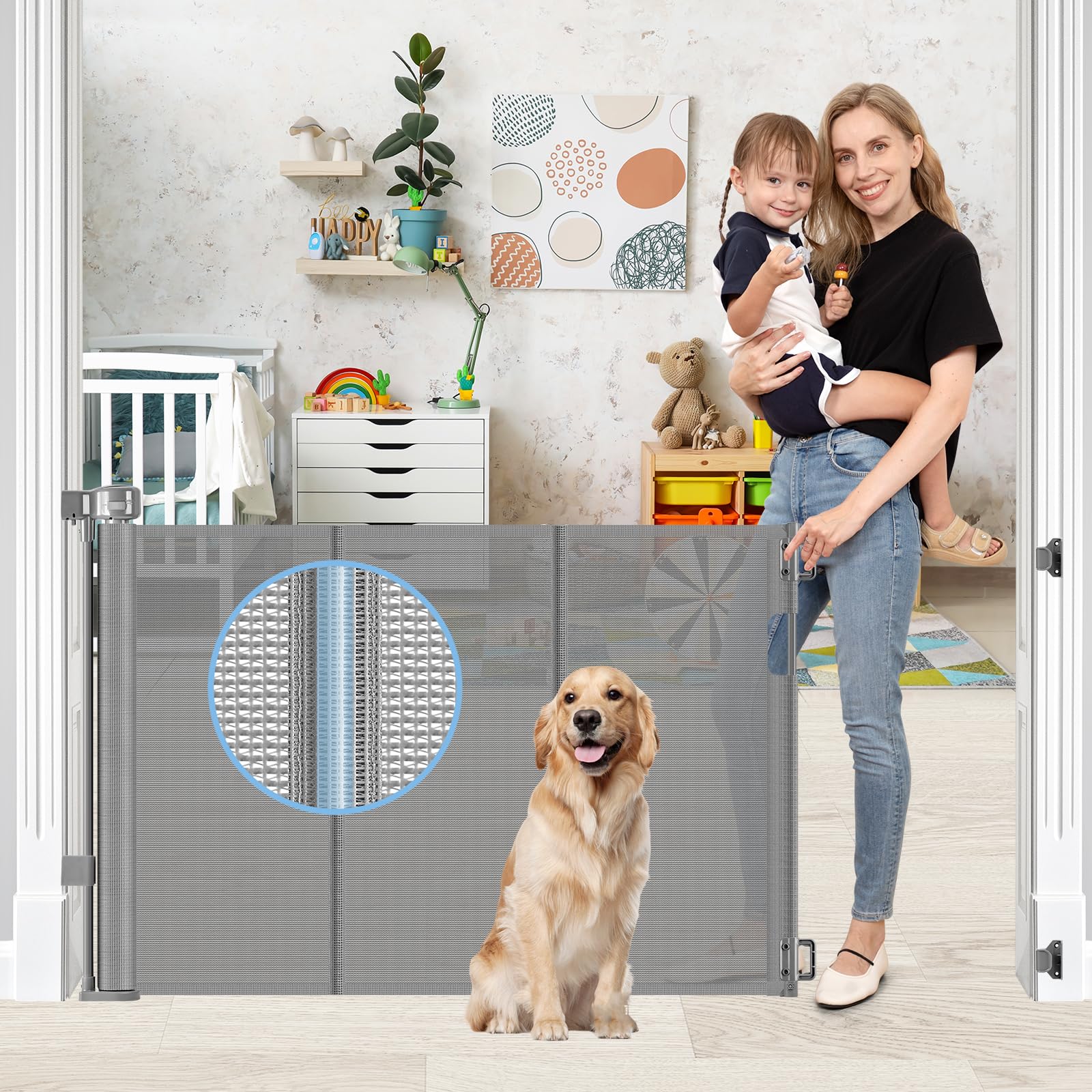 Borthmiu reinforced retractable gate 55wide in use, expanding safety at doorway.