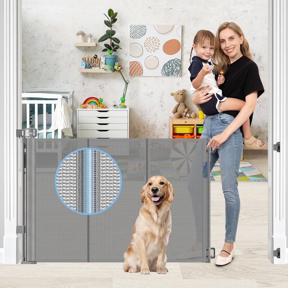 Borthmiu reinforced retractable gate 55wide in use, expanding safety at doorway.