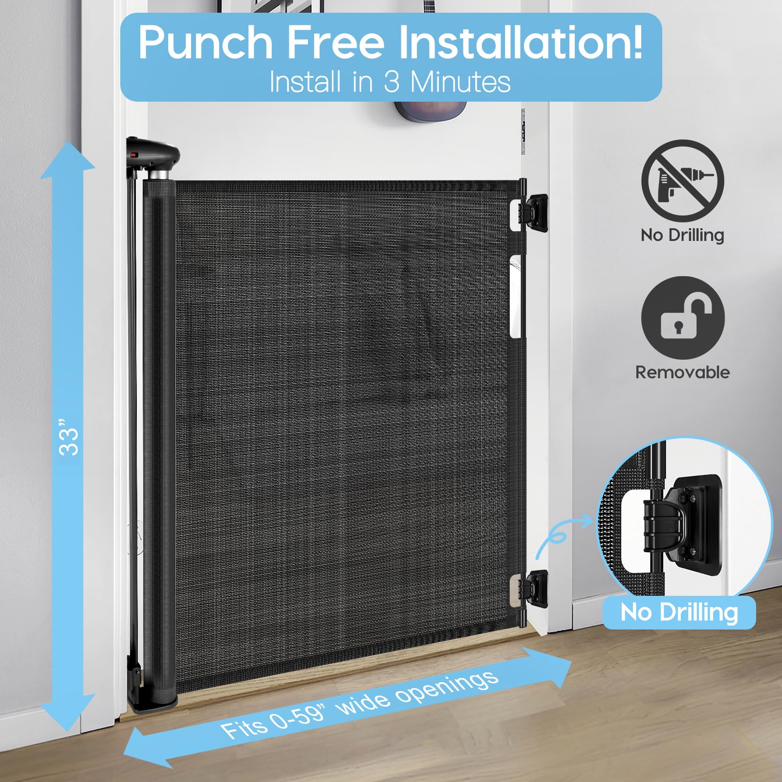 Borthmiu retractable baby gate extends from 0 to 59 inches for doorways.