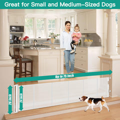 Borthmiu retractable mesh gate extended to fit wide openings, saving space.