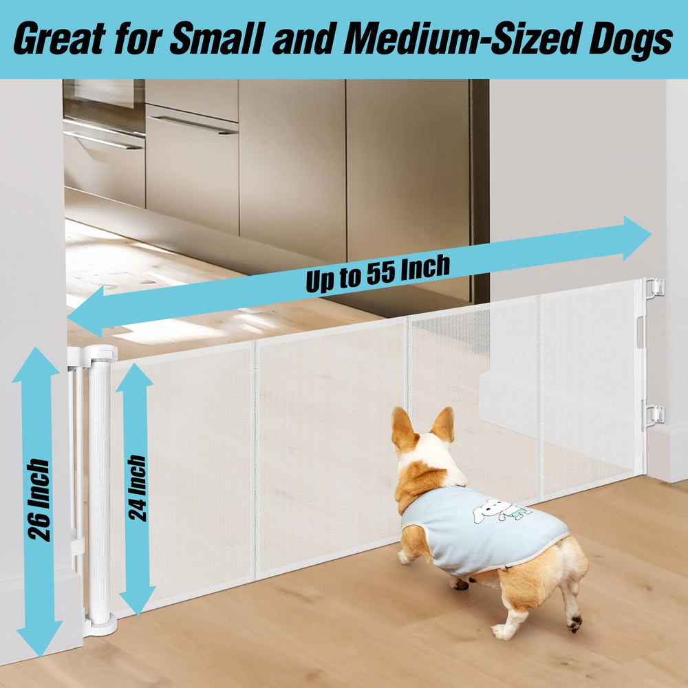 Close-up of Borthmiu step-over gate with soft mesh for easy adult access.