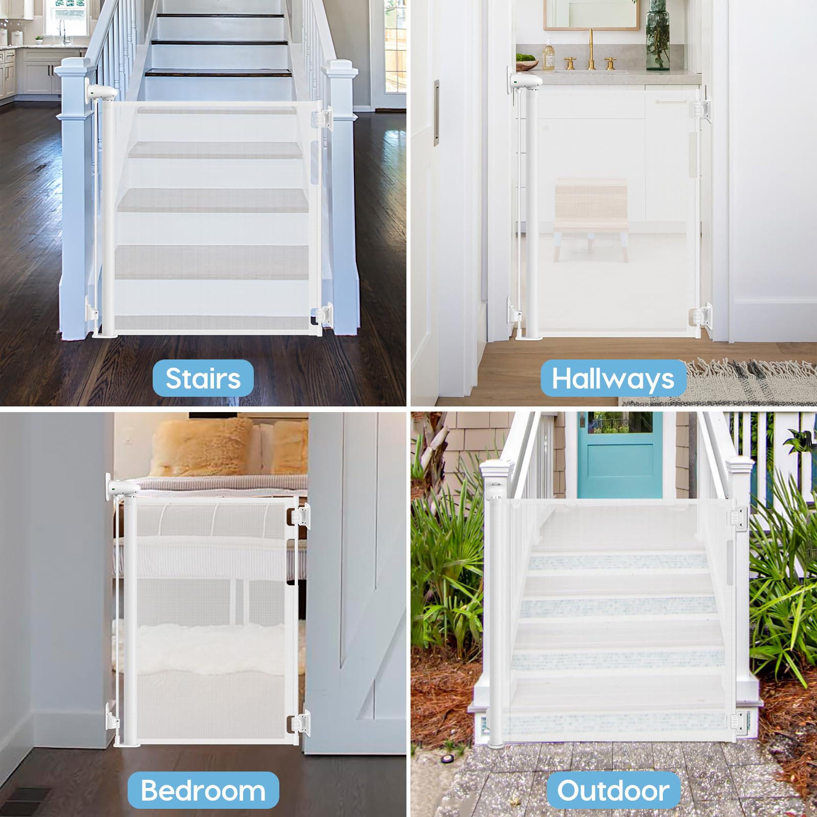 Borthmiu white gate on stairs fits interior decor and keeps toddlers safe