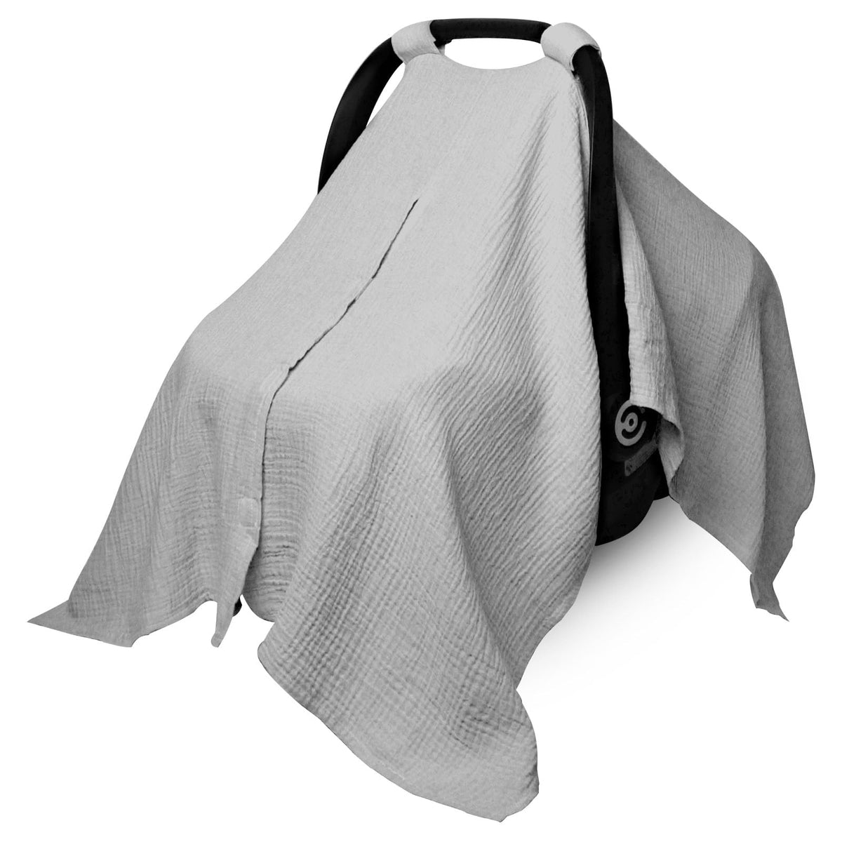 Boryokun muslin car seat cover front view shows breathable fabric for baby comfort.