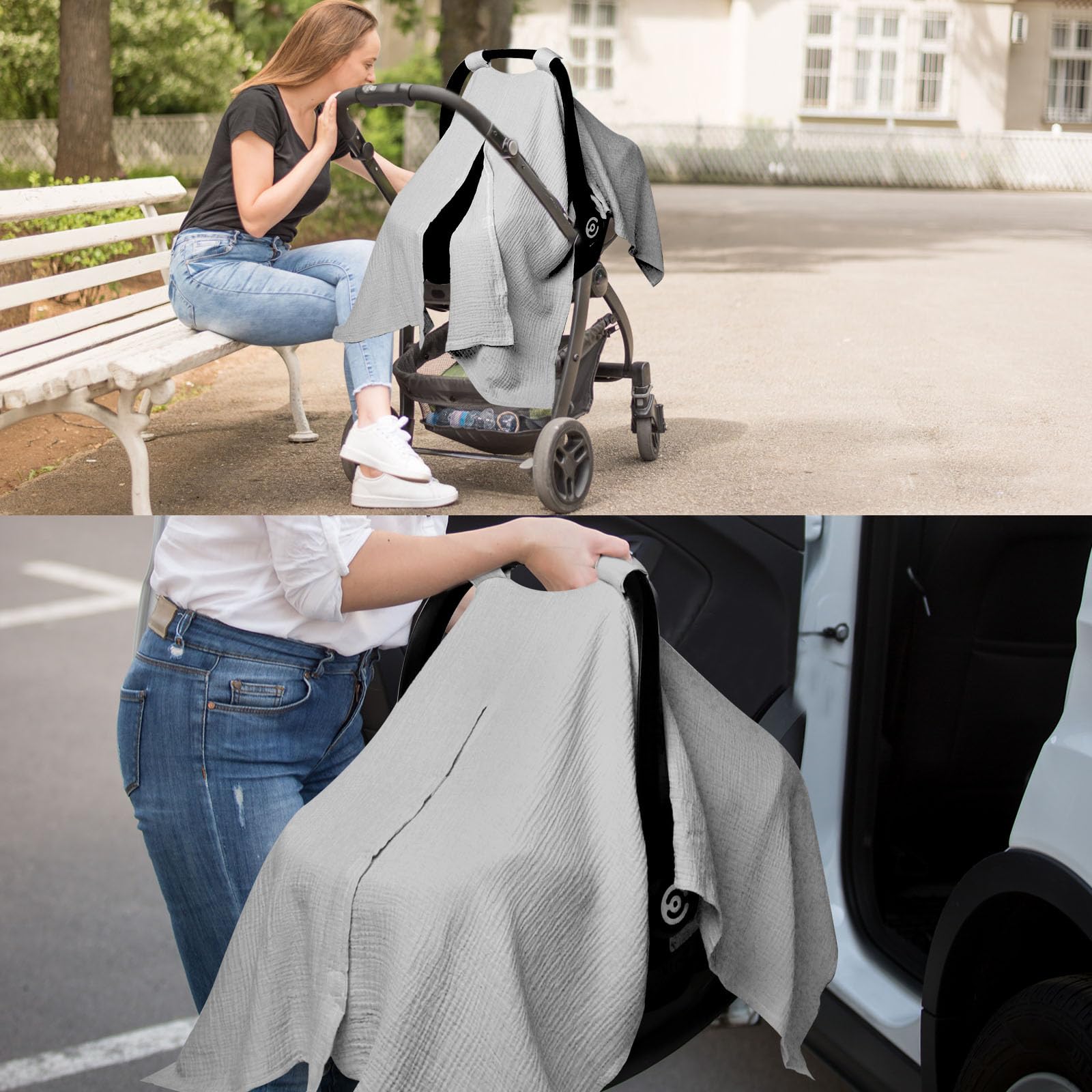 Boryokun muslin car seat cover multipurpose use as stroller cover or swaddle.