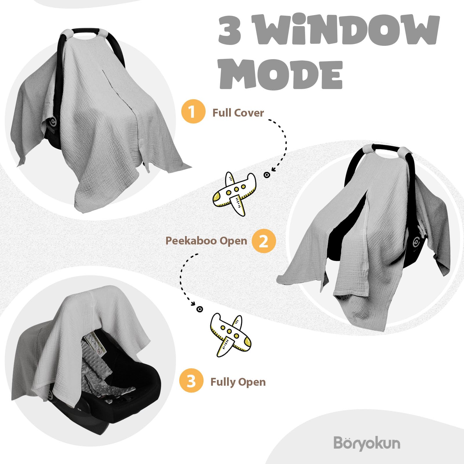 Boryokun muslin car seat cover peekaboo opening lets you check baby discreetly.