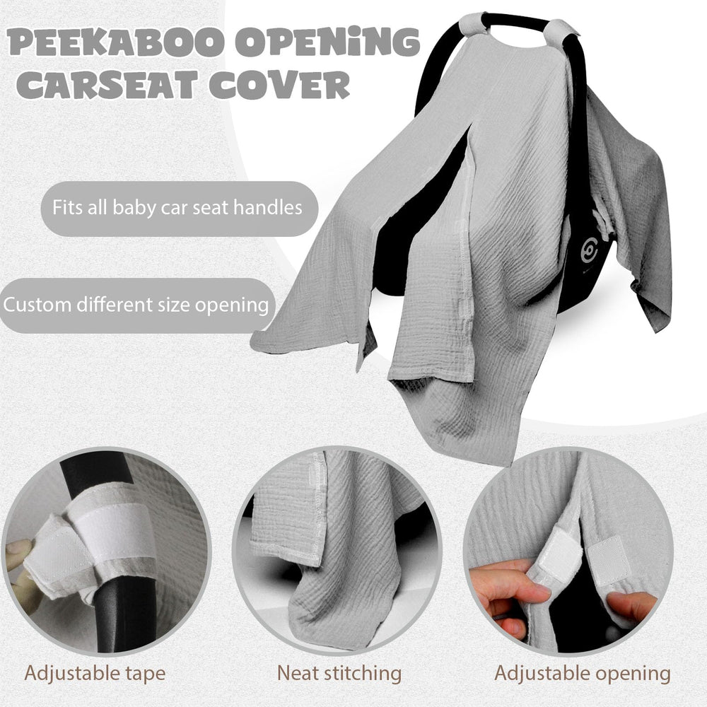 Boryokun muslin car seat cover sun-blocking to keep baby cool.