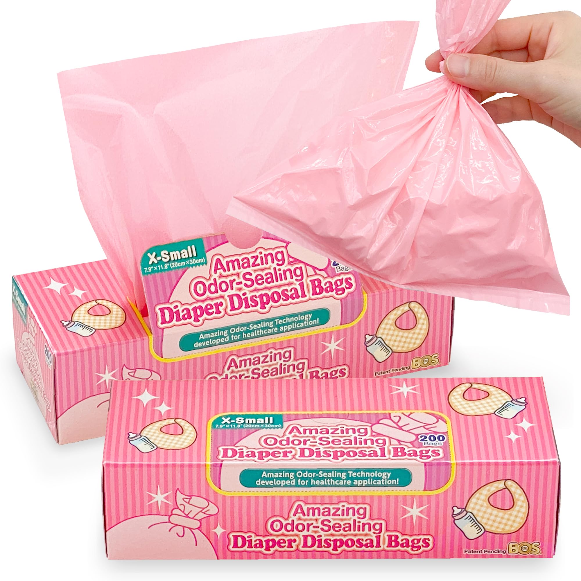 BOS Amazing Odor Sealing Bags box packaging provides convenient diaper disposal with odor control