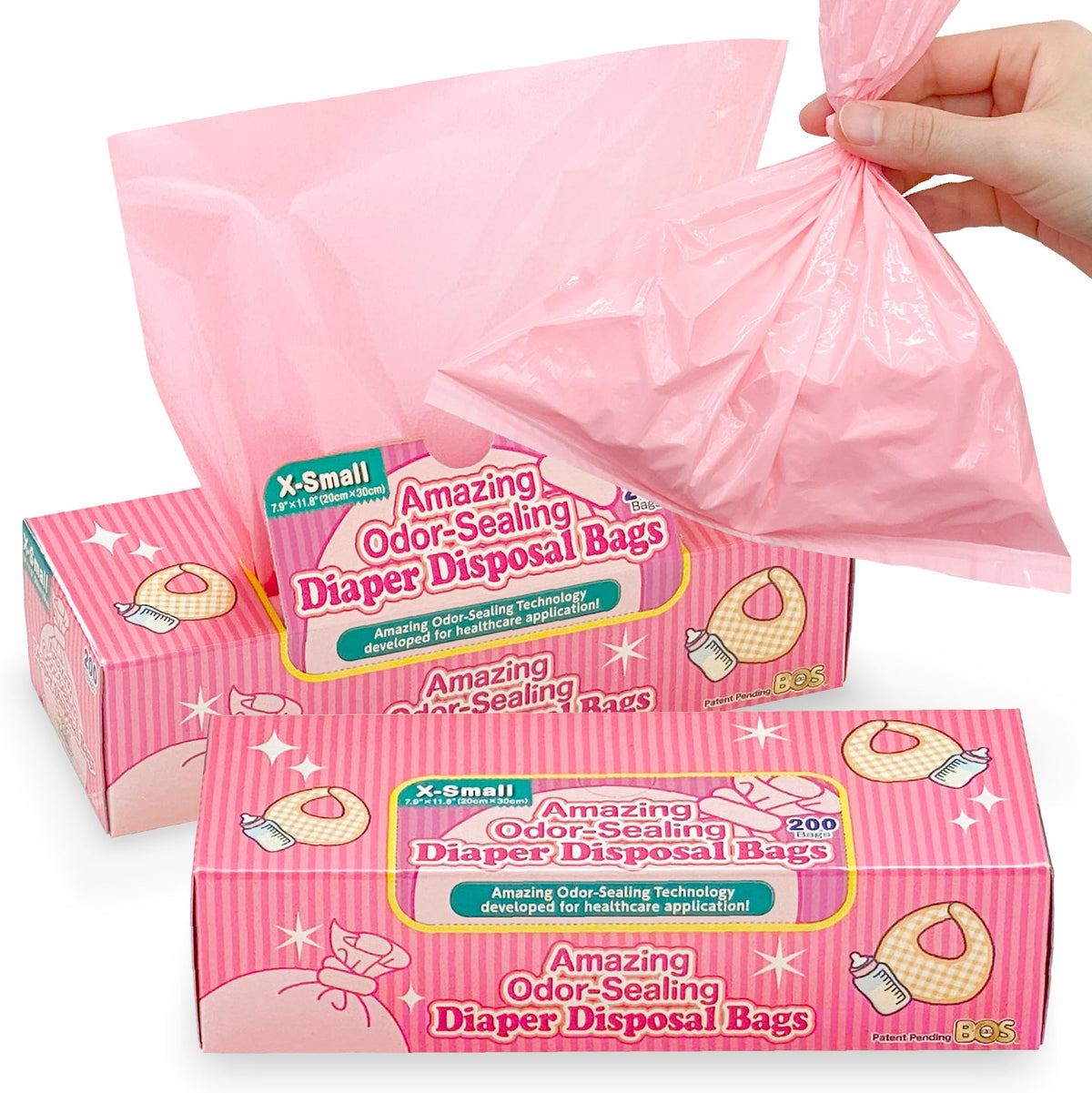 BOS Amazing Odor Sealing Bags box packaging provides convenient diaper disposal with odor control