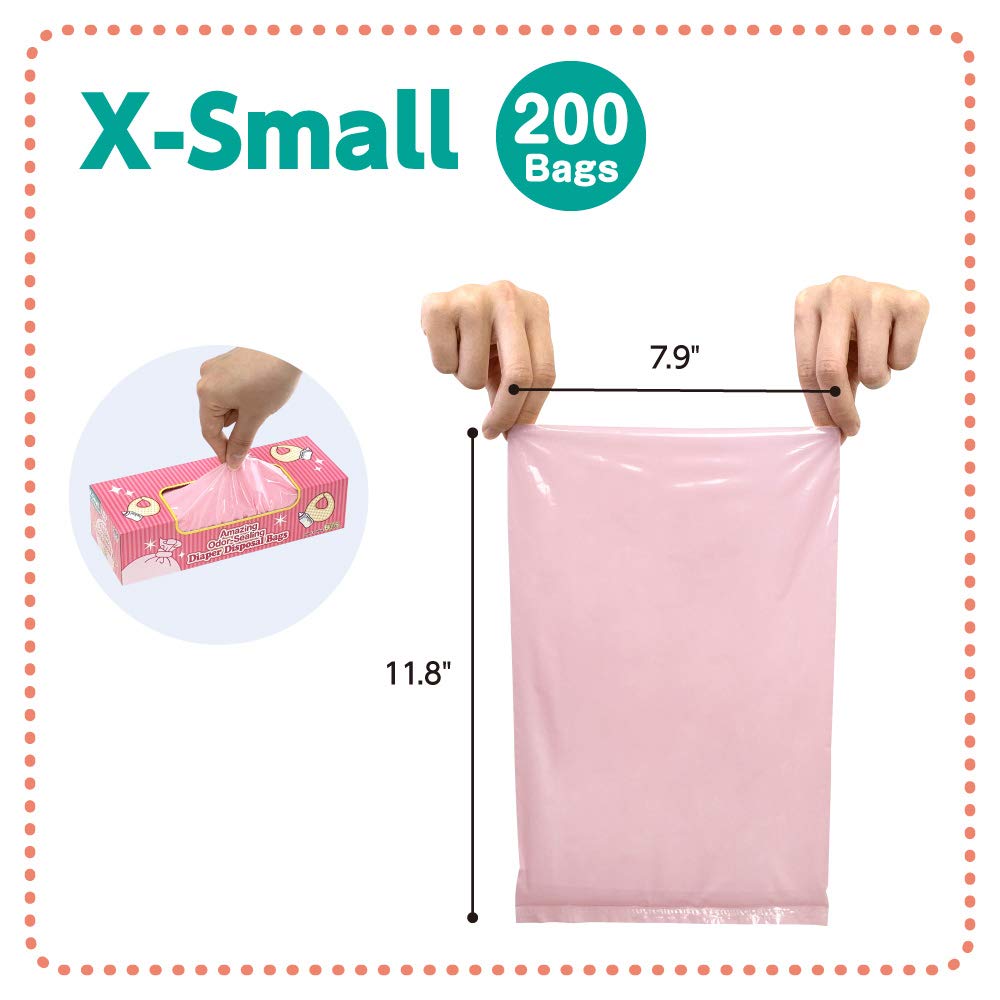 Dispensed BOS bags ready to use for quick knot-sealed diaper disposal
