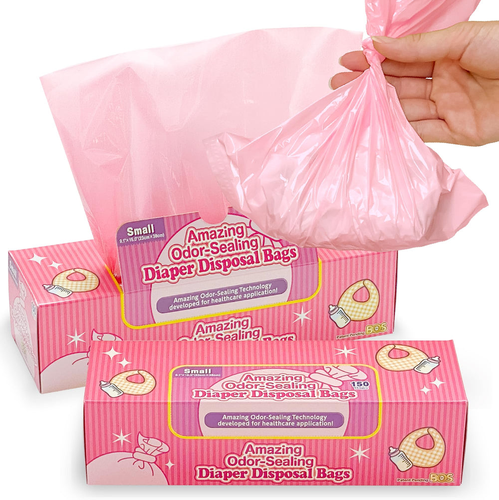 BOS Amazing Odor Sealing Bags in pink show durable 9x15 inch diaper containment with soft material