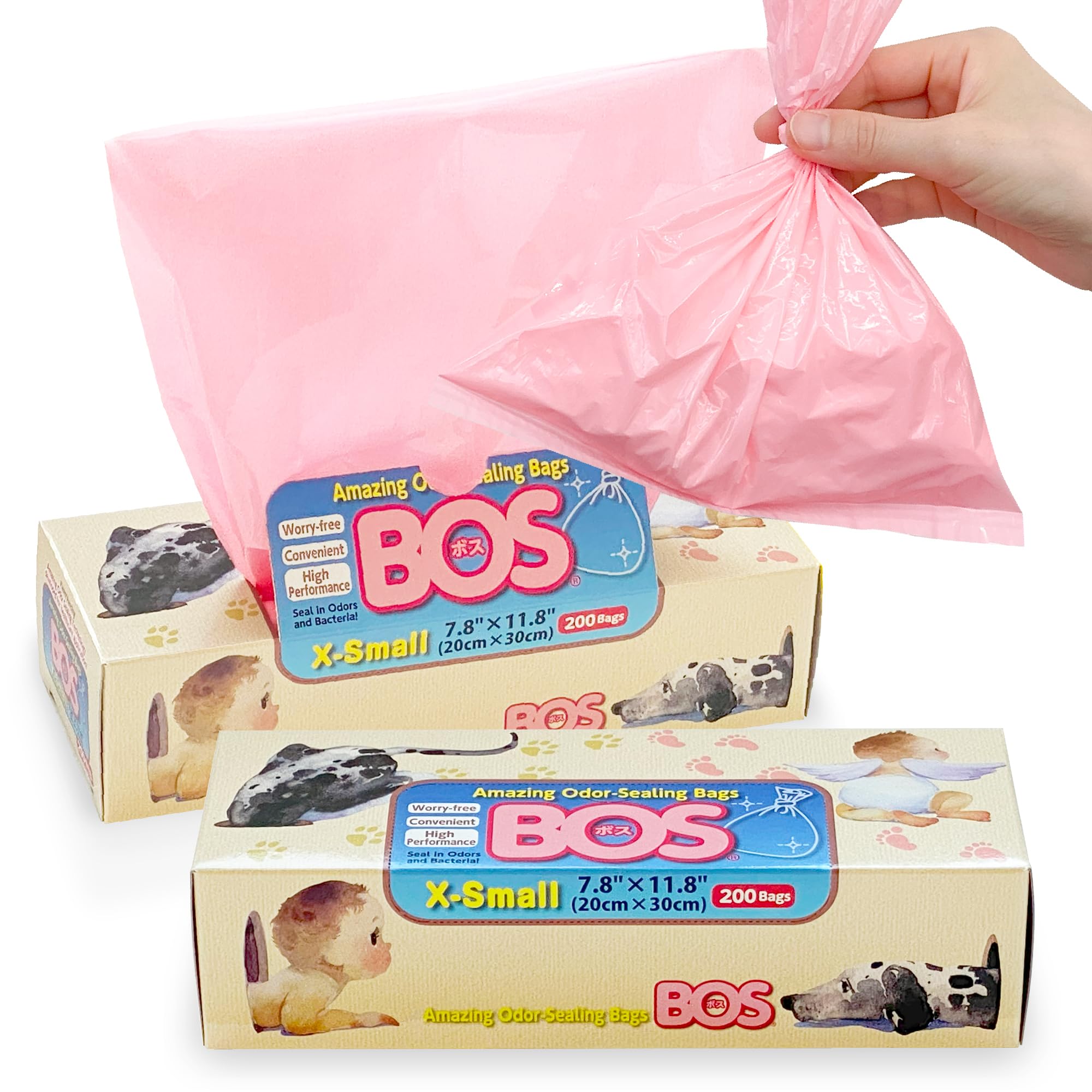 BOS odor-sealing bags pink box view shows compact packaging for quick diaper disposal