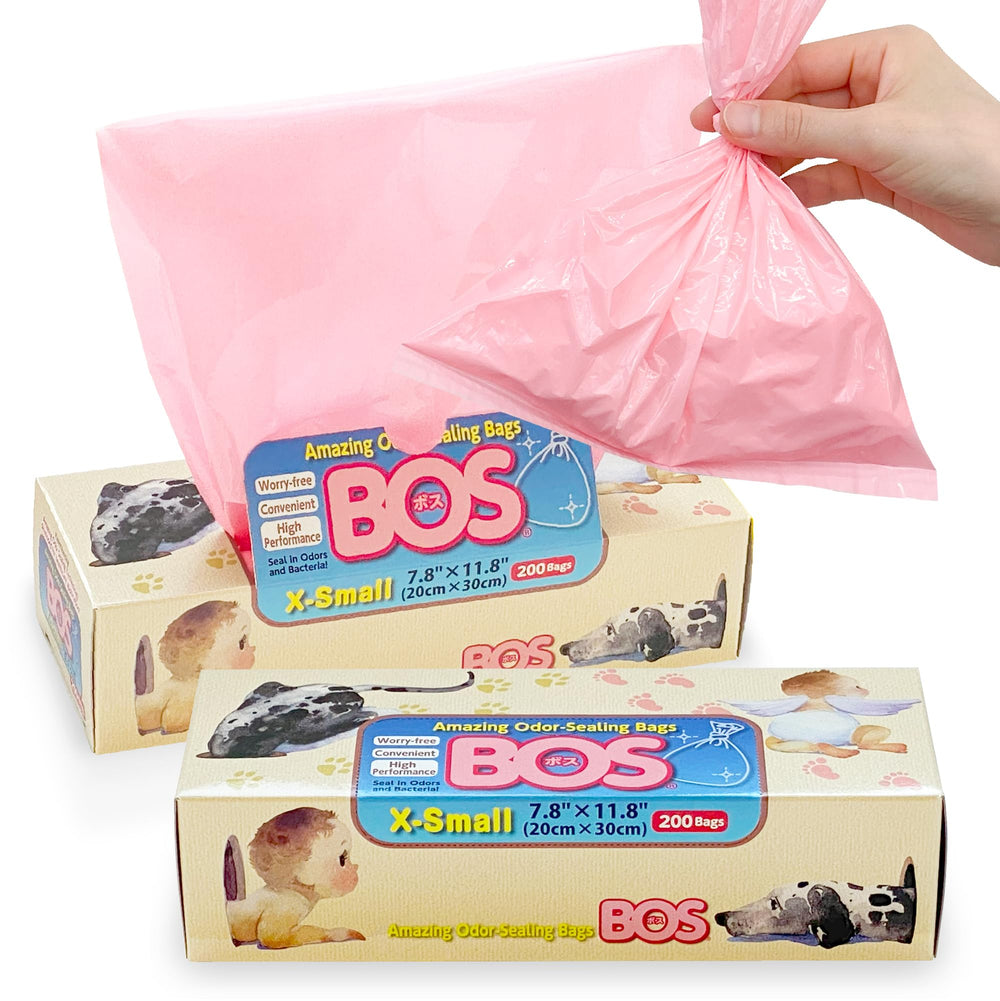 BOS odor-sealing bags pink box view shows compact packaging for quick diaper disposal