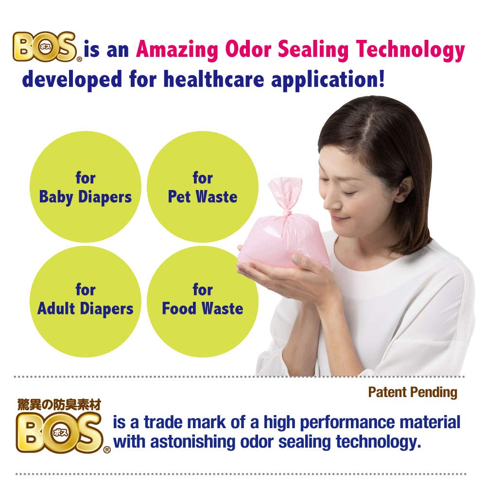 BOS odor-sealing bags open box illustrates easy-dispense packaging for knot-seal disposal