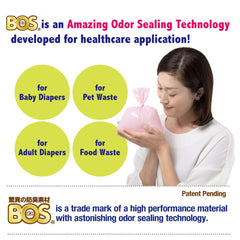 BOS odor-sealing bags open box illustrates easy-dispense packaging for knot-seal disposal