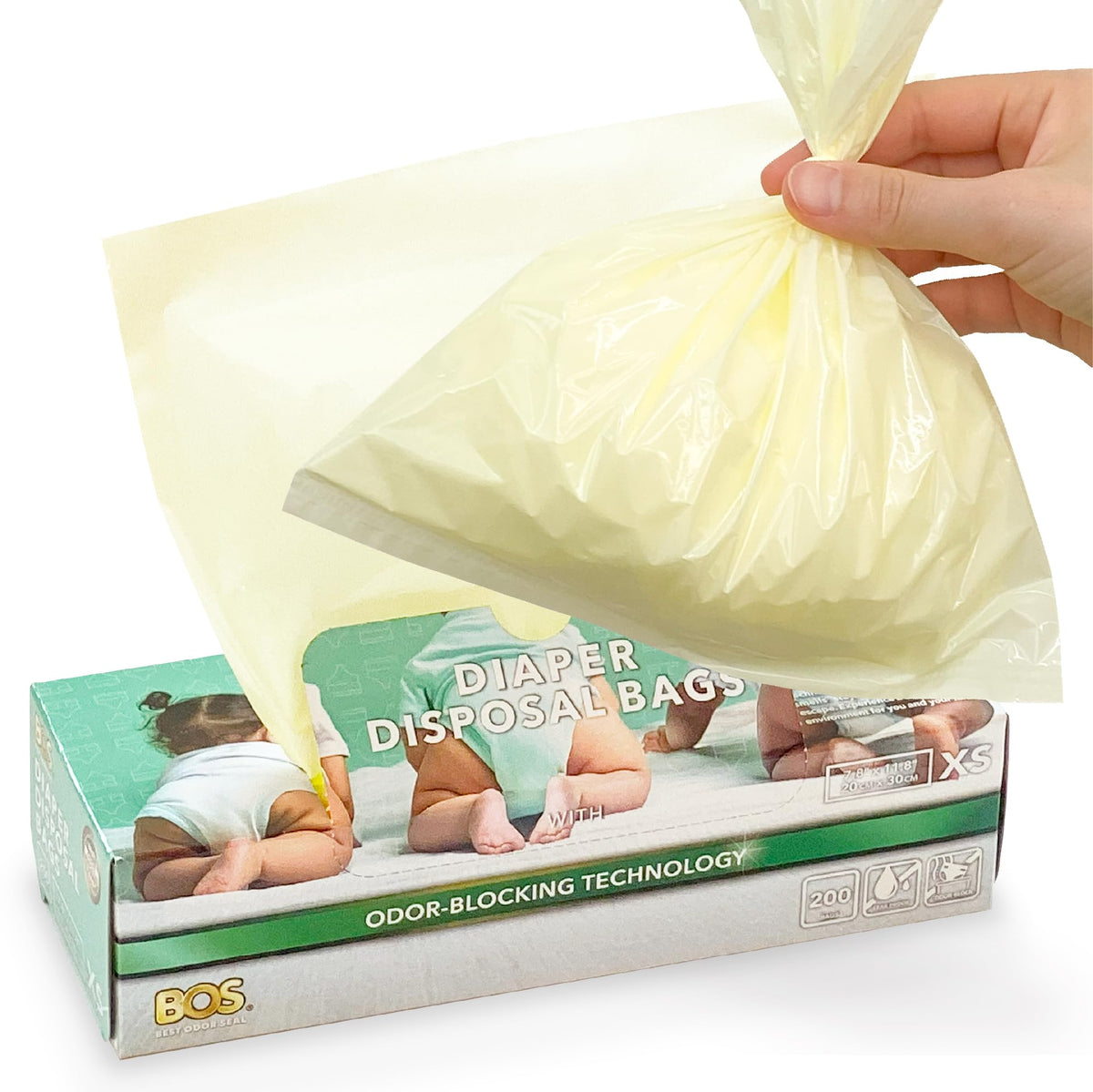 BOS odor-sealing diaper bag in cream-yellow for discreet disposal.