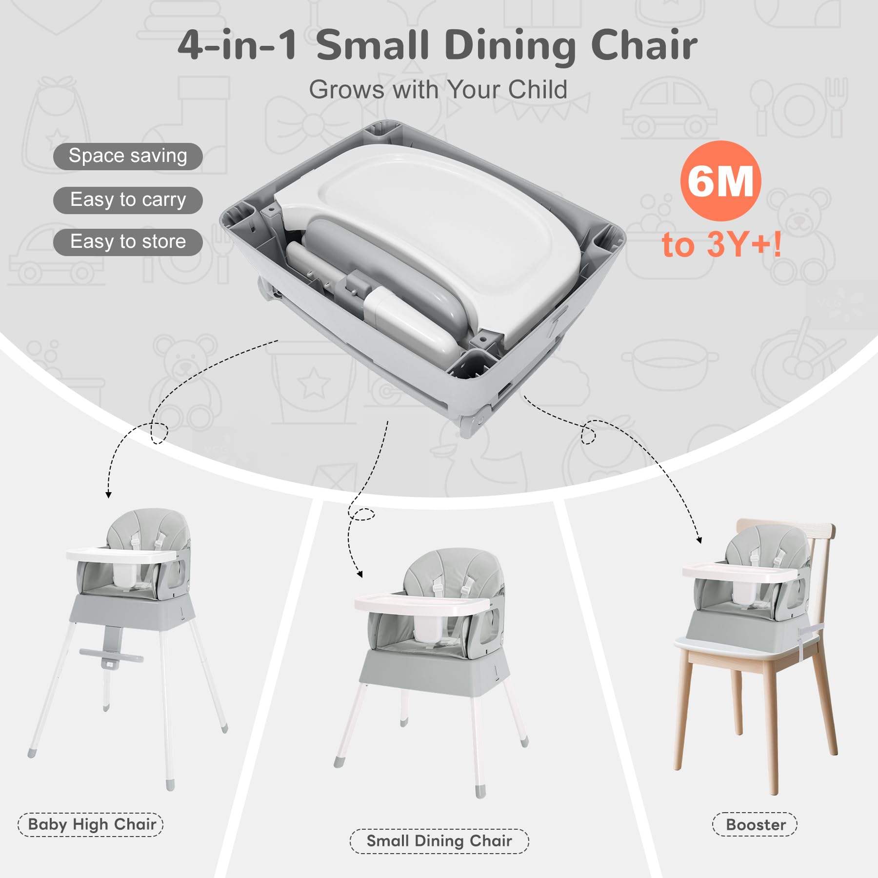 BOSEDSANG high chair shows convertible modes from baby chair to booster.