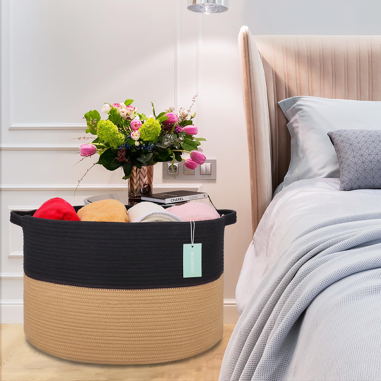 BOSROTY black and jute basket adds natural contrast to space