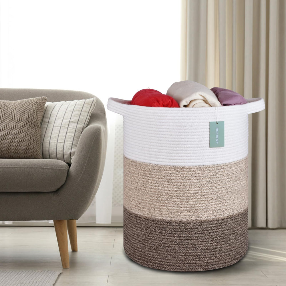 BOSROTY basket in living room used as decorative storage for throws