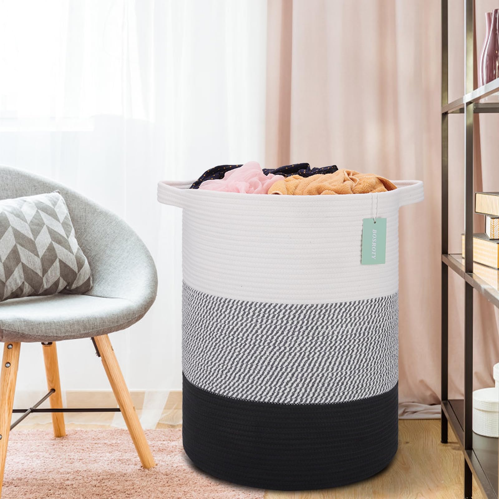 BOSROTY decorative laundry basket blends white-gray-black tones for stylish storage.