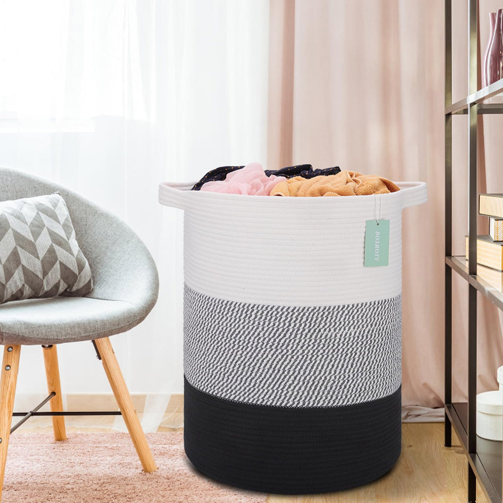 BOSROTY decorative laundry basket blends white-gray-black tones for stylish storage.