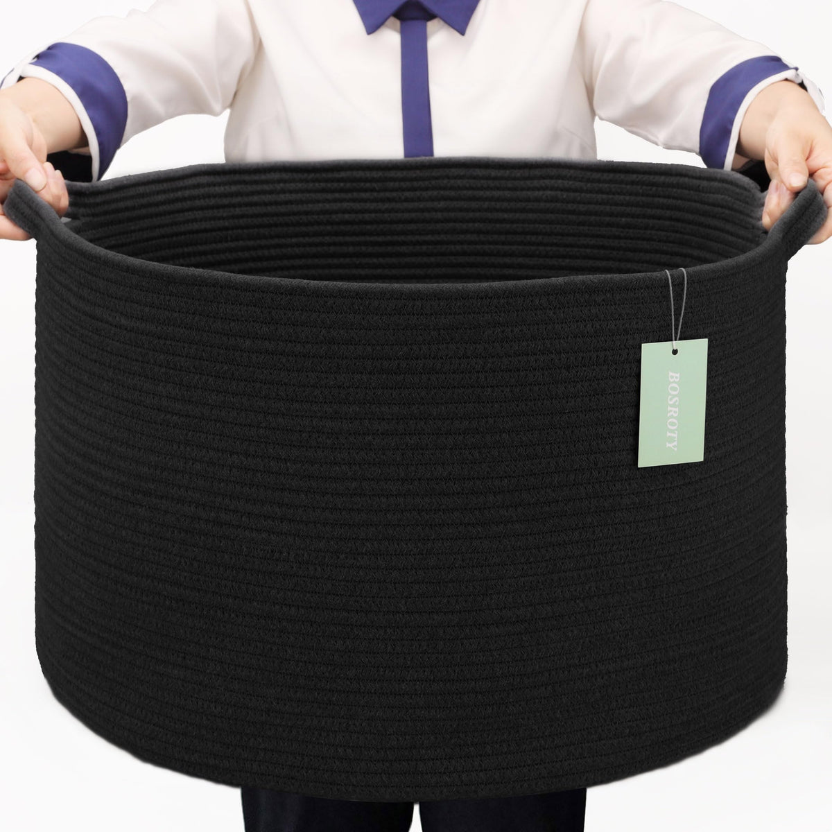 BOSROTY extra-large blanket basket 22x14 in black for organized living room storage.