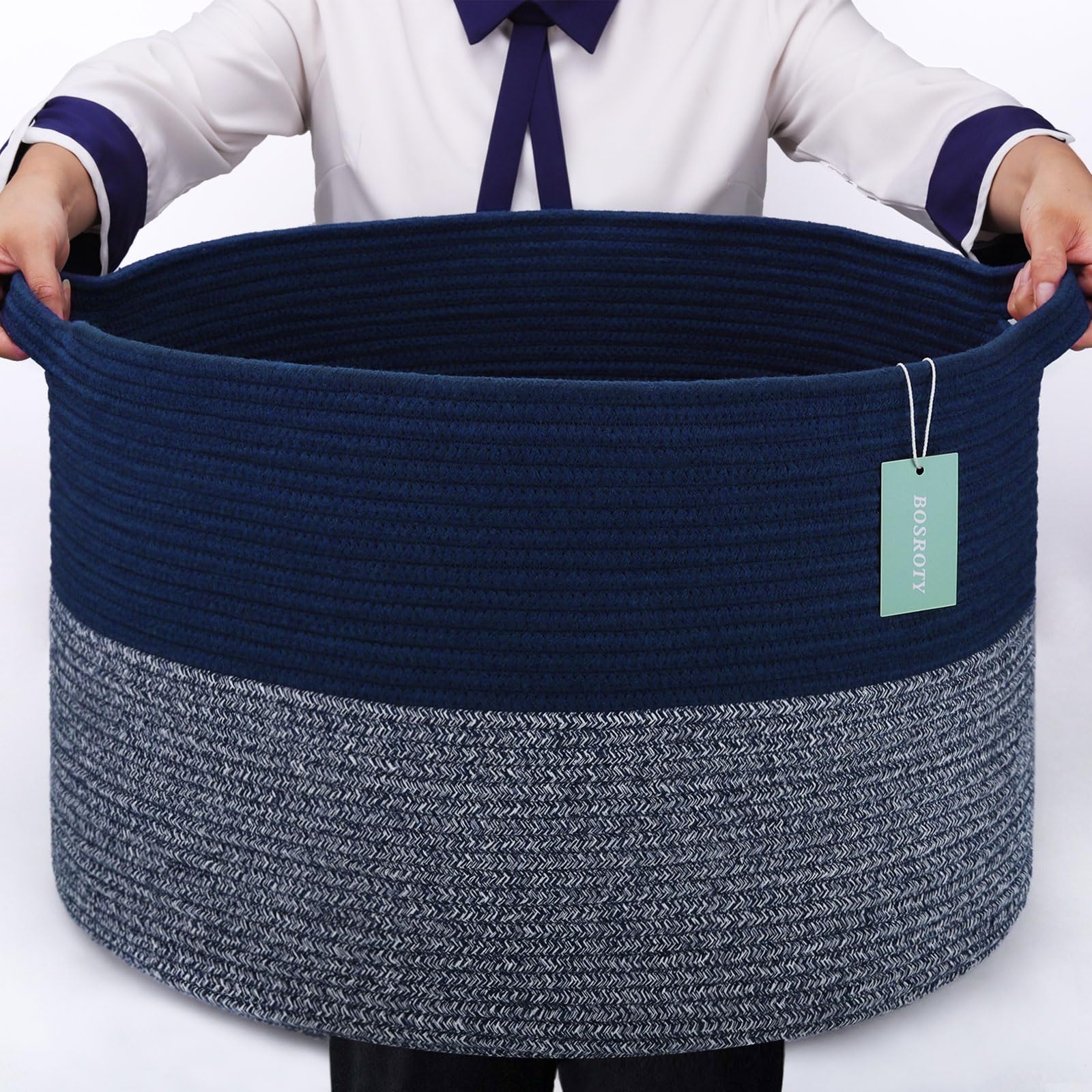 BOSROTY blanket basket 87L navy blue front view for organized toy storage.