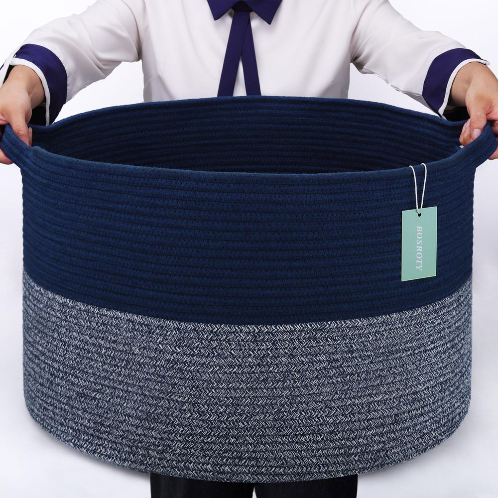 BOSROTY blanket basket 87L navy blue front view for organized toy storage.