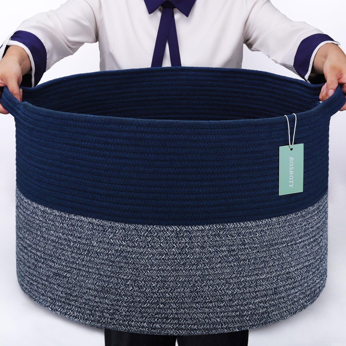 BOSROTY blanket basket 87L navy blue front view for organized toy storage.