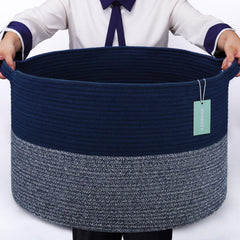 BOSROTY blanket basket 87L navy blue front view for organized toy storage.
