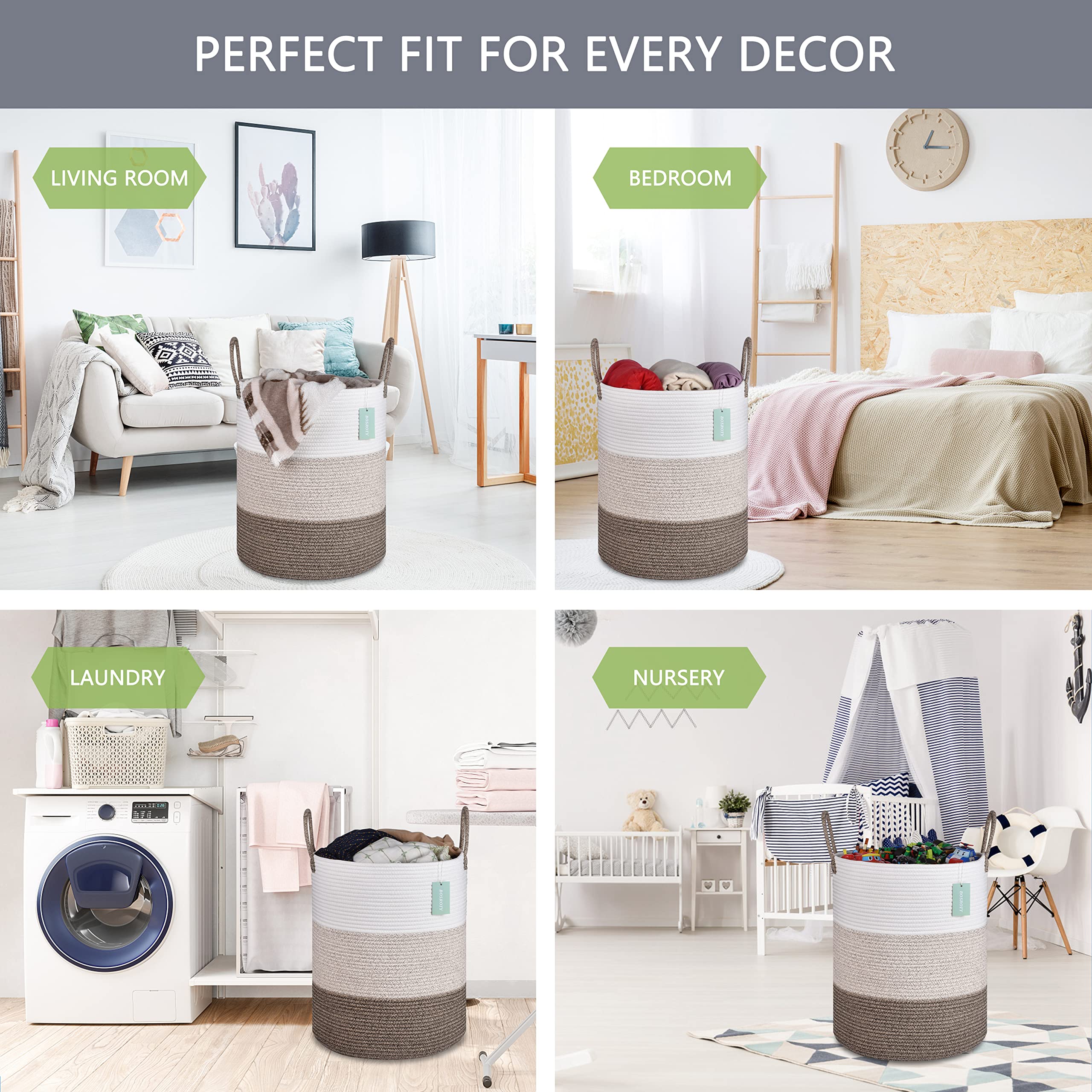 Bosroty large blanket basket interior demonstrates generous 65L capacity for toys and towels.