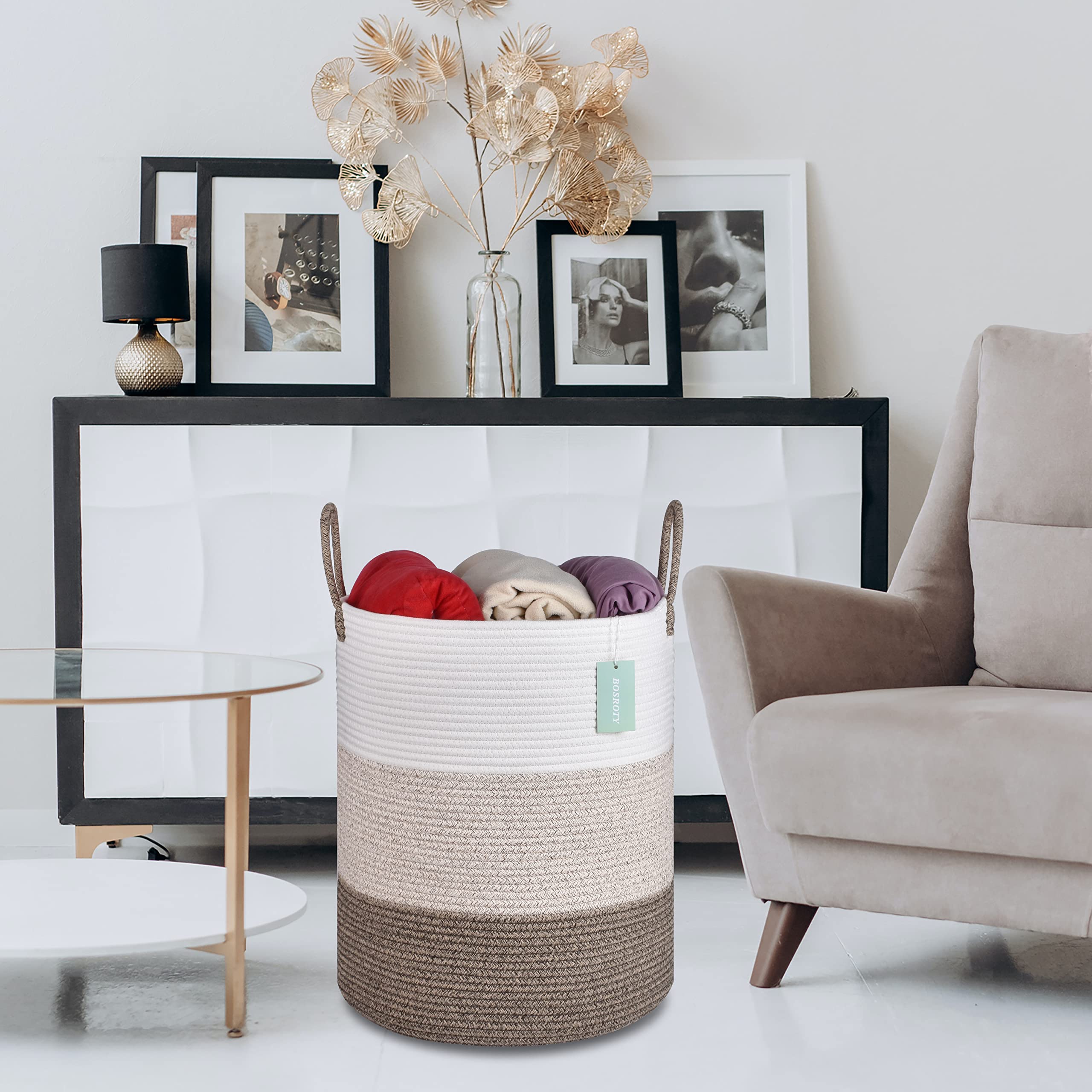 Bosroty basket organizes blankets and pillows in living room.