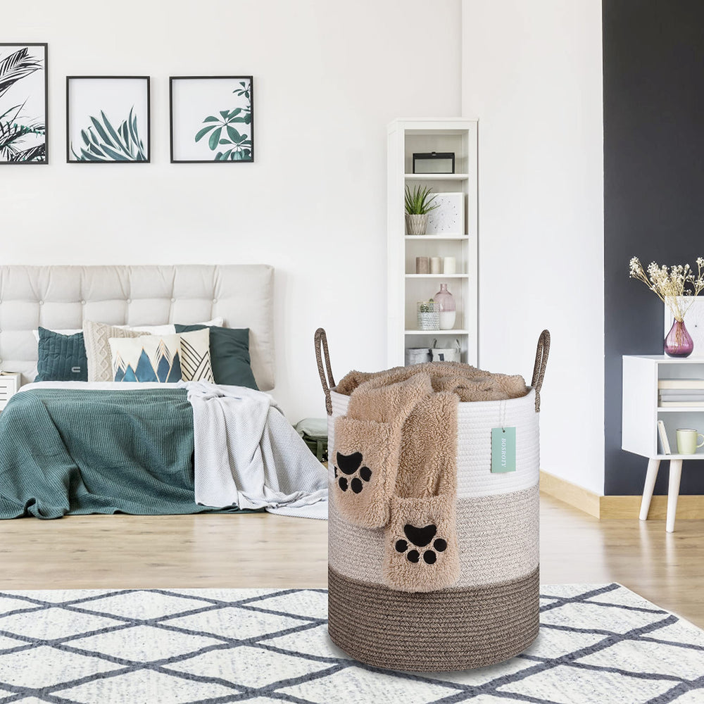 Bosroty basket stores toys and stuffed animals in playroom.