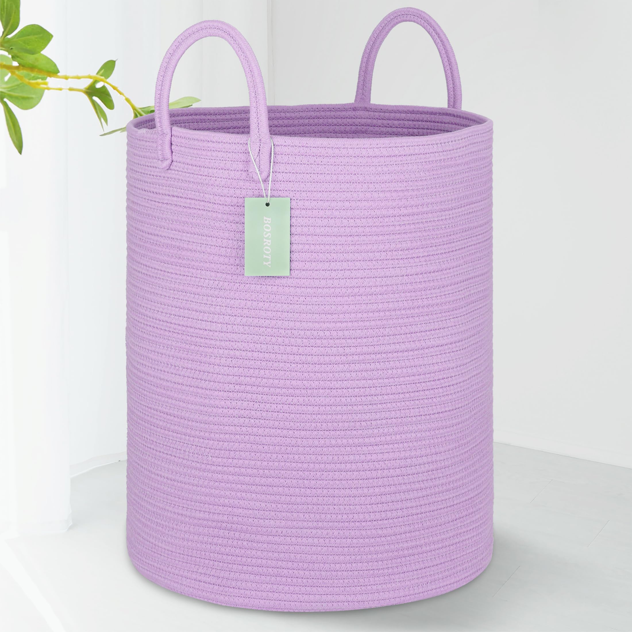 BOSROTY large cotton rope laundry hamper front view with 65L capacity for toys and towels.