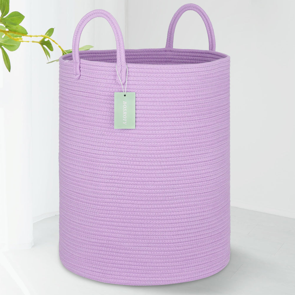 BOSROTY large cotton rope laundry hamper front view with 65L capacity for toys and towels.