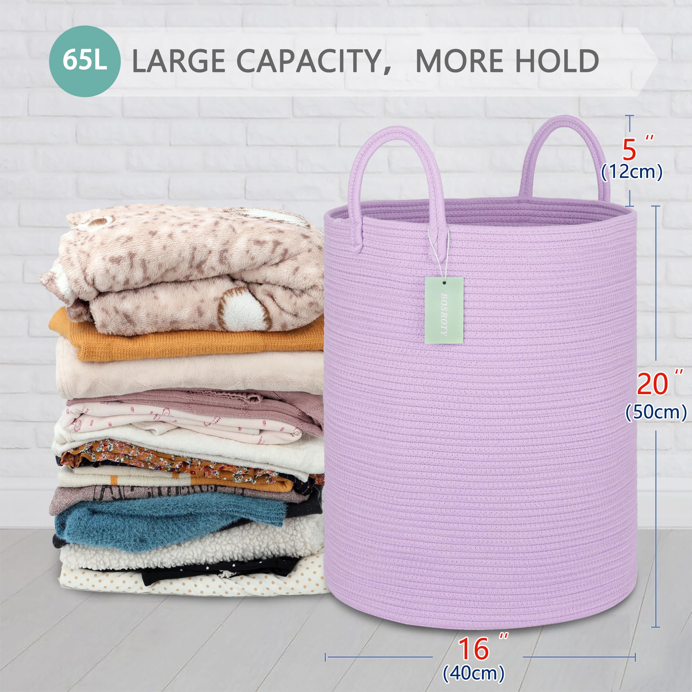 BOSROTY large cotton rope laundry hamper side view highlighting sturdy handles for easy carrying.