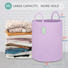 BOSROTY large cotton rope laundry hamper side view highlighting sturdy handles for easy carrying.