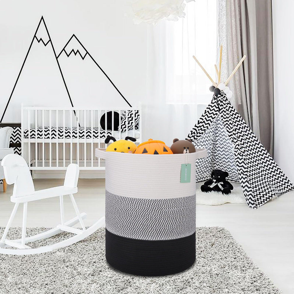 BOSROTY multiuse basket for toys and blankets keeps spaces neat.