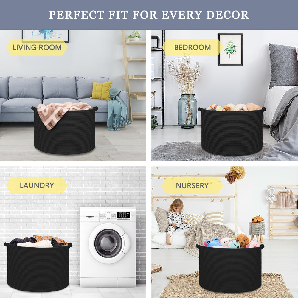 BOSROTY toy storage basket in bedroom helps quick cleanup.