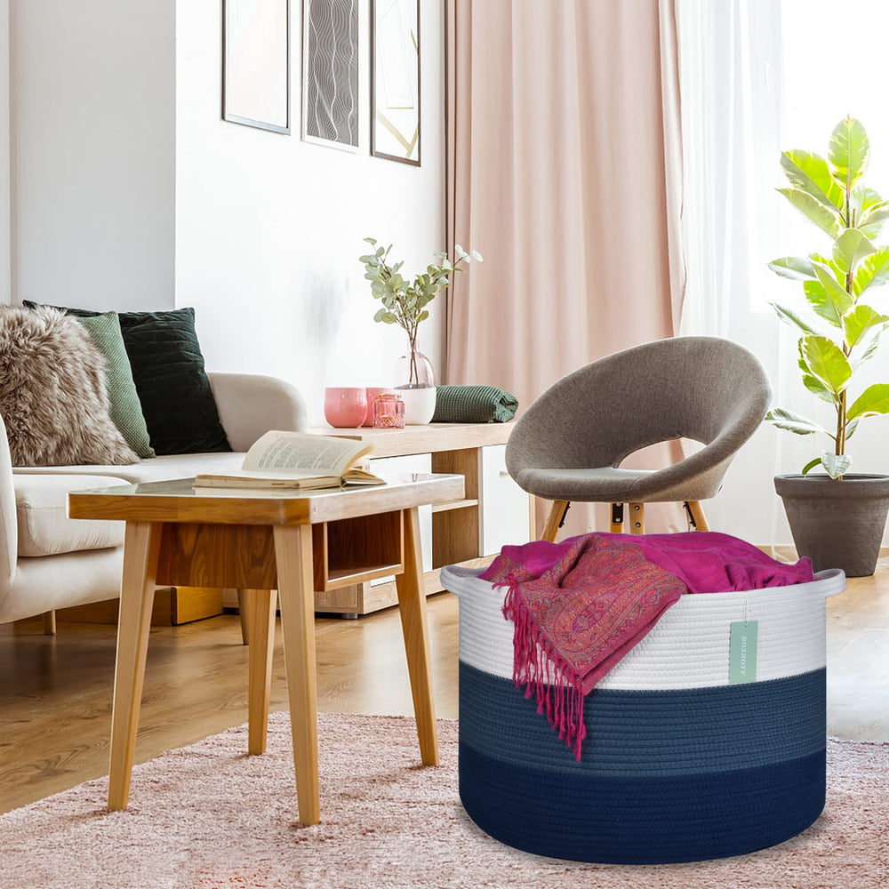 Bosroty white, cadet blue, navy colorway complements modern bedroom decor.
