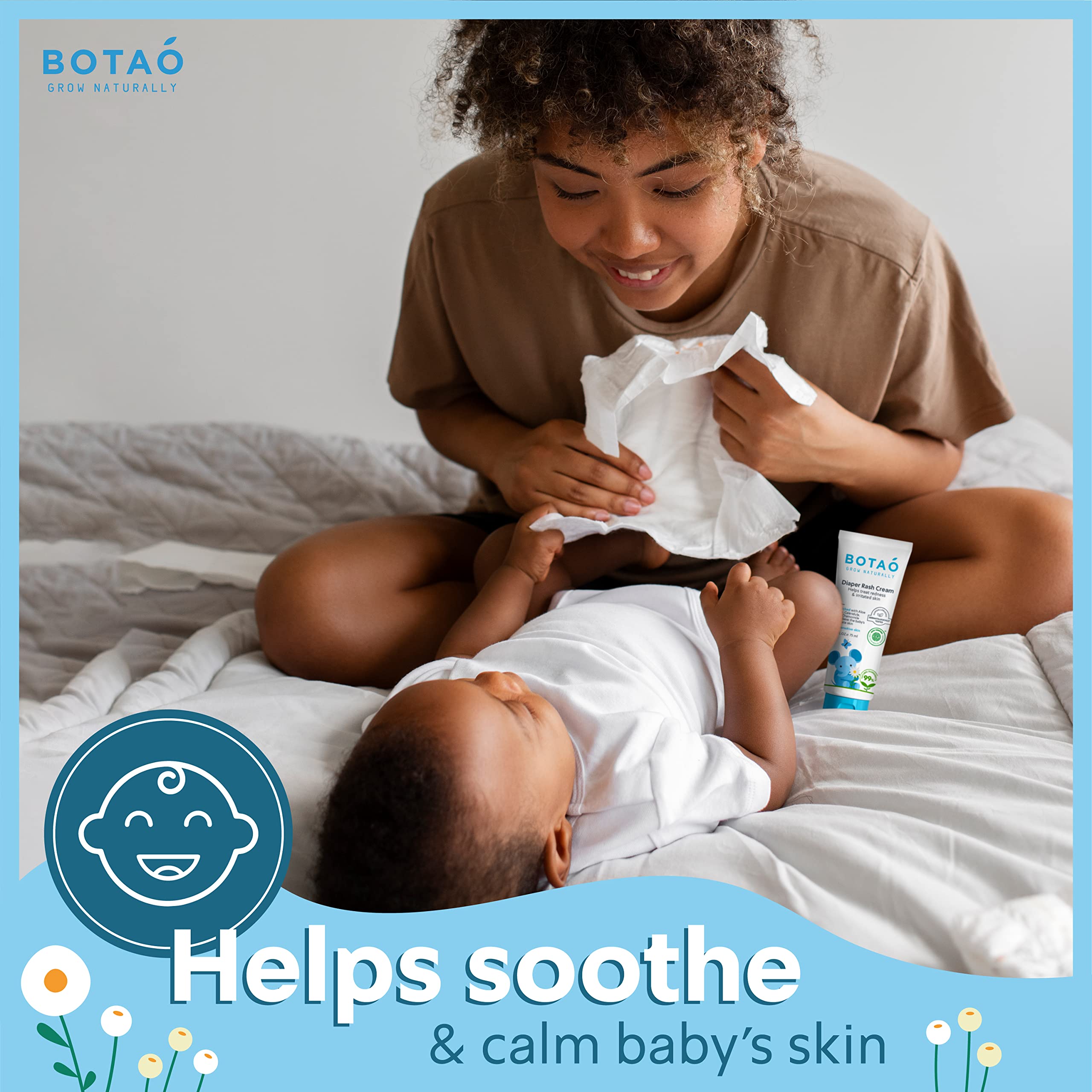 BOTAO Baby calendula illustration emphasizes calming botanical extract for irritated skin