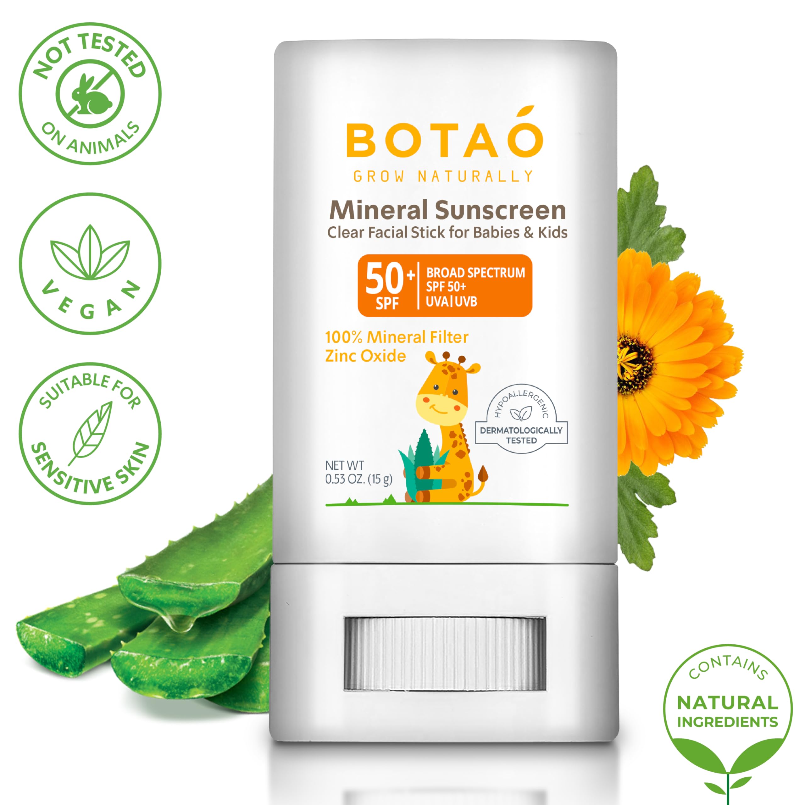 Botao baby mineral sunscreen stick unscented close-up highlighting fragrance-free formula