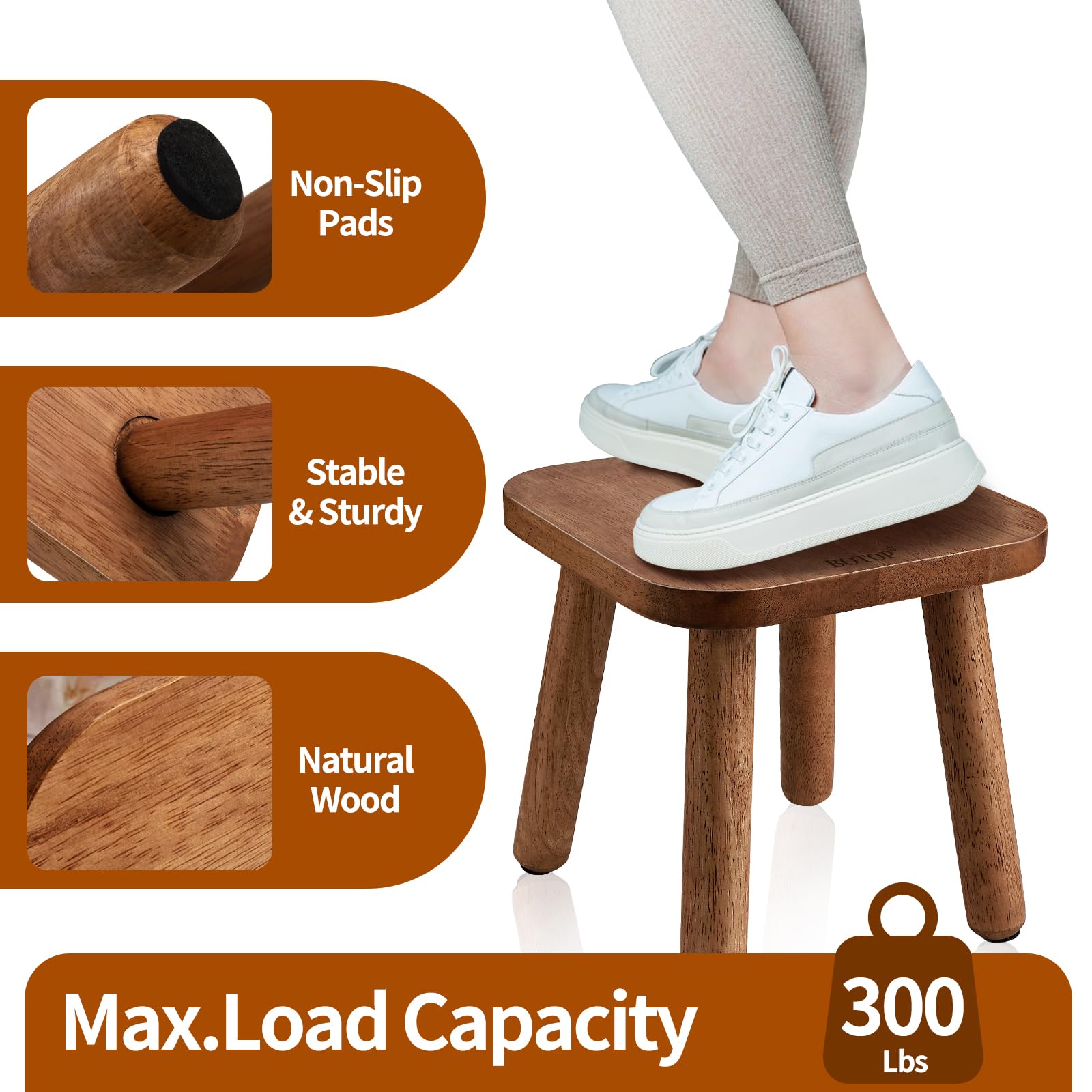 BOTOP wooden step stool in a kitchen setting for reaching cabinets.