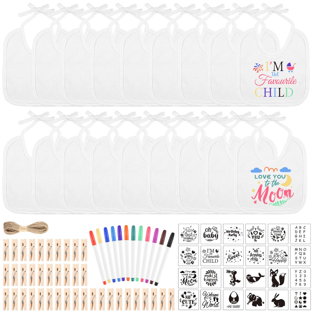 BOUBONI DIY baby bibs set shows 18 white bibs for easy baby shower crafts.