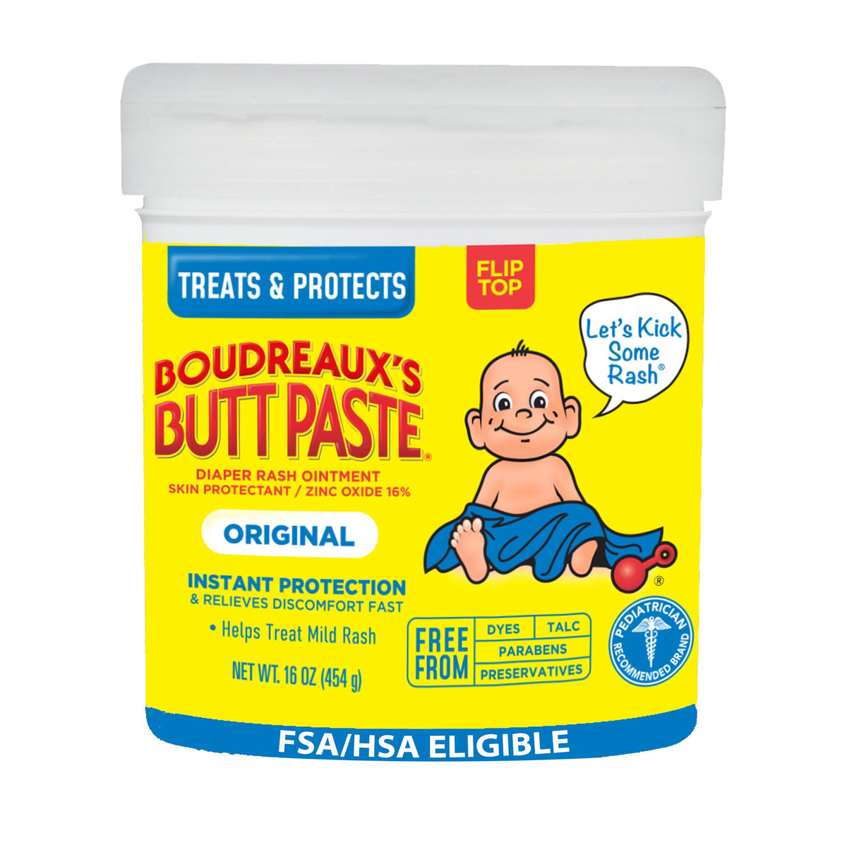 Boudreaux's Butt Paste Original 16oz jar closeup highlighting thick zinc oxide paste for skin protection.