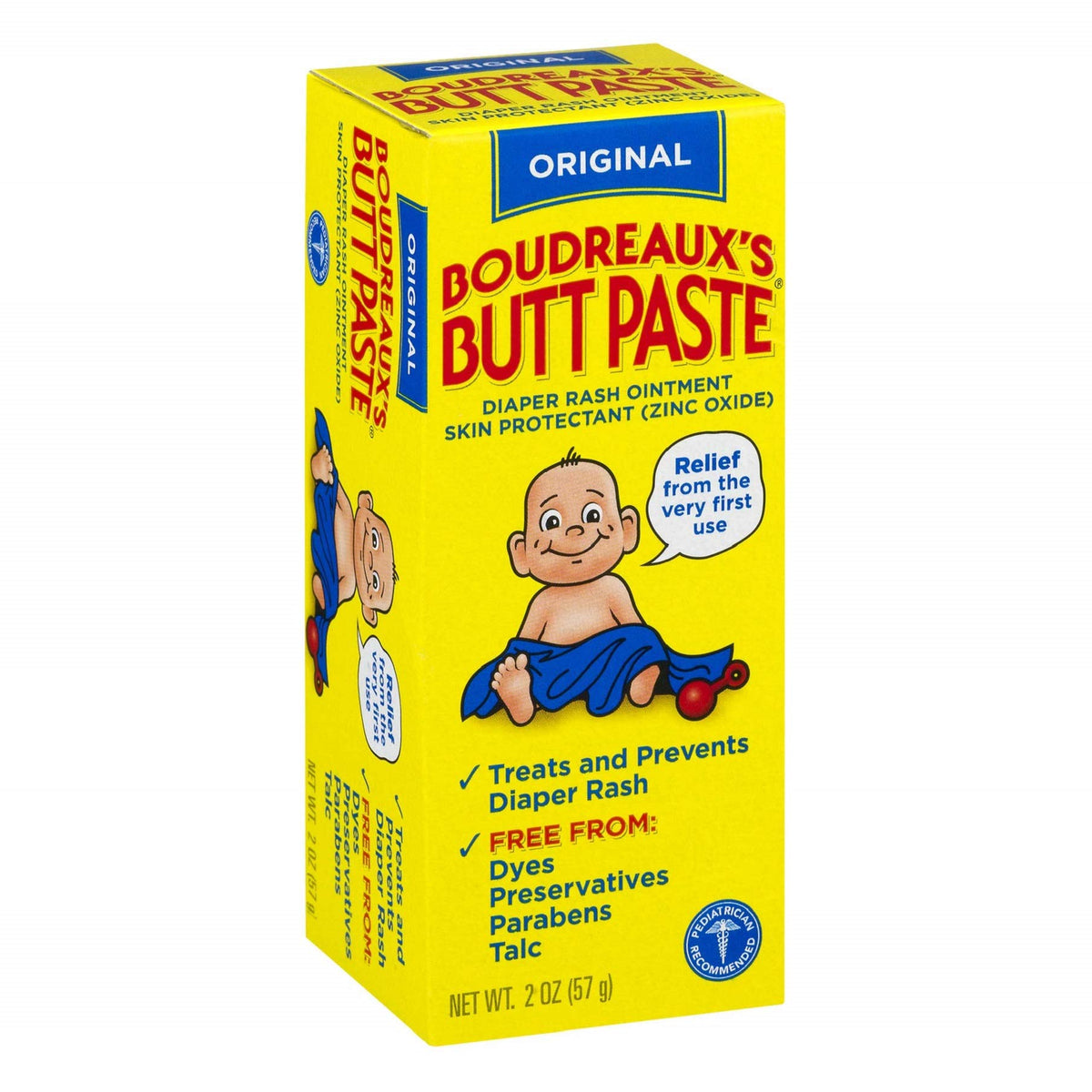 Boudreaux's Butt Paste original formula tube front view showing the 2-ounce packaging and branding for fast relief